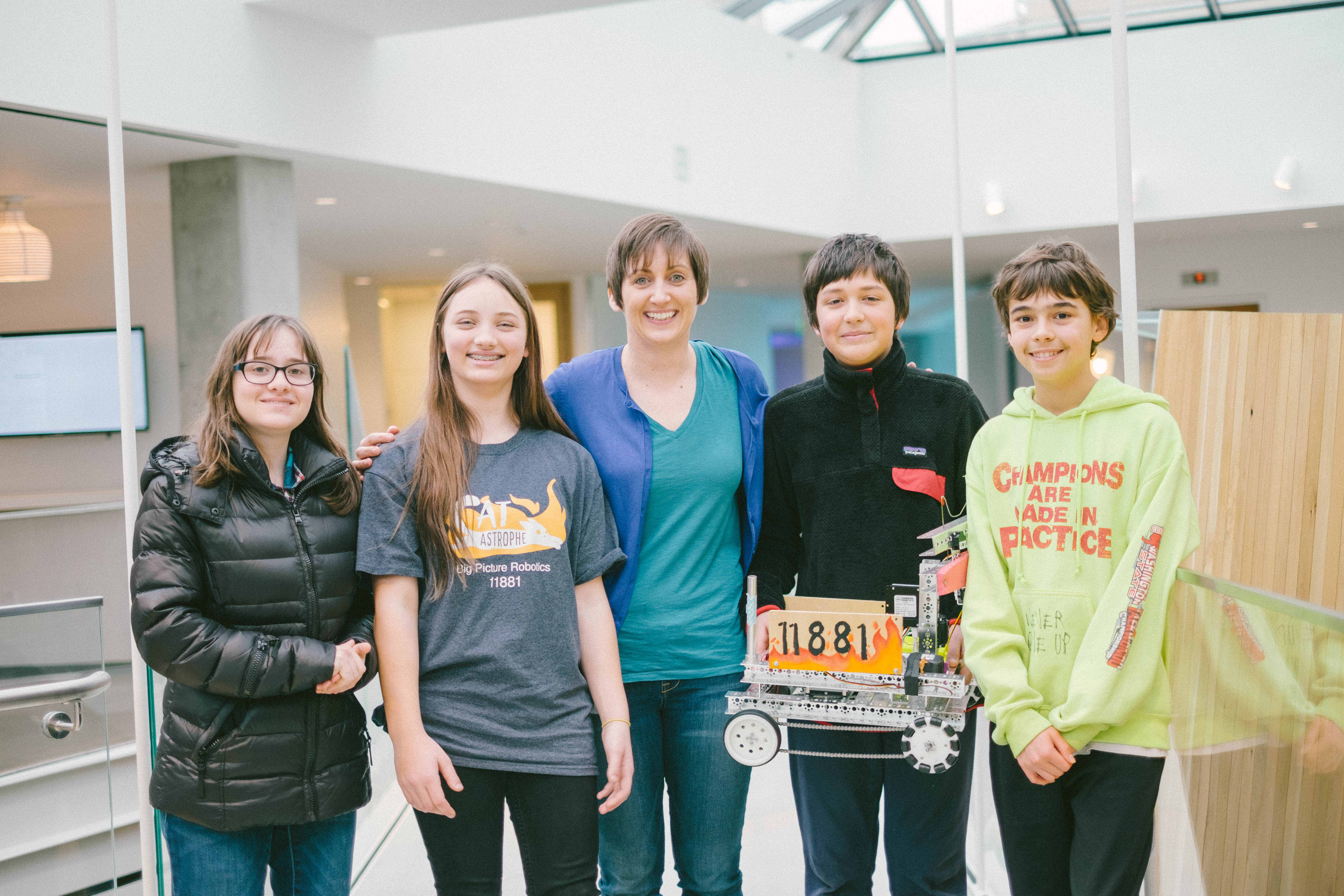 Jenny Ferries with four of her former students on the Microsoft Redmond campus 