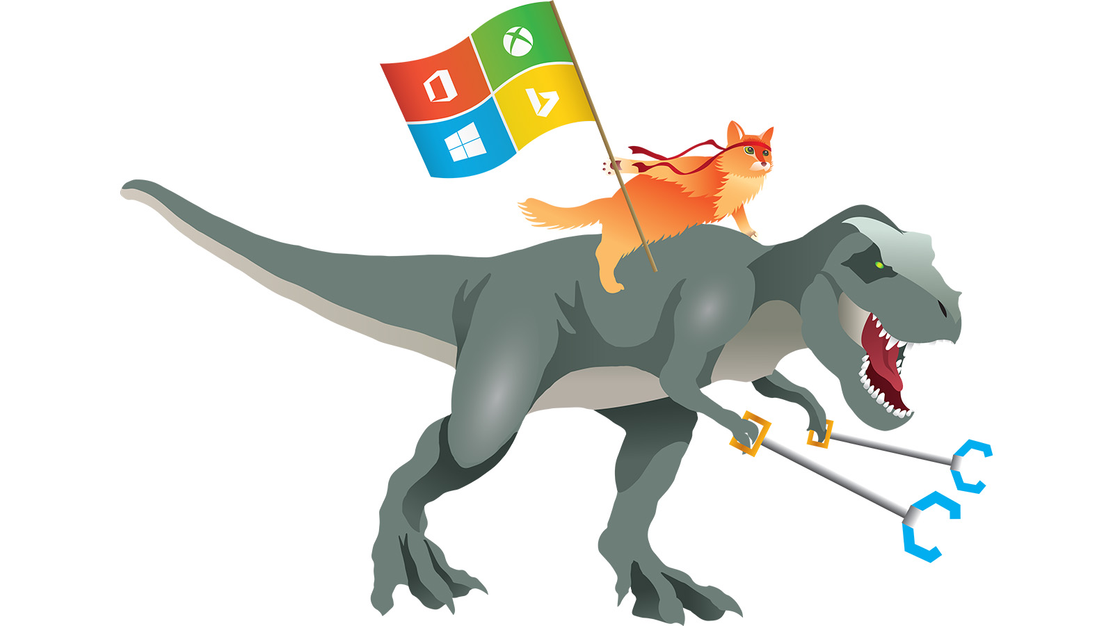 Ninja cat riding a T. rex