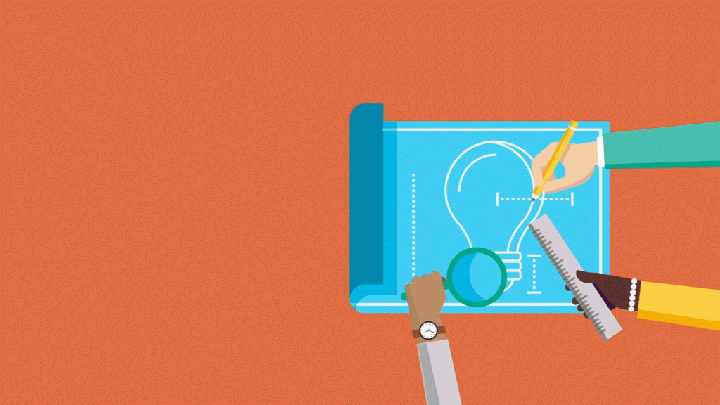 Hands, and ninja cat's paw, drawing on a blueprint of a lightbulb