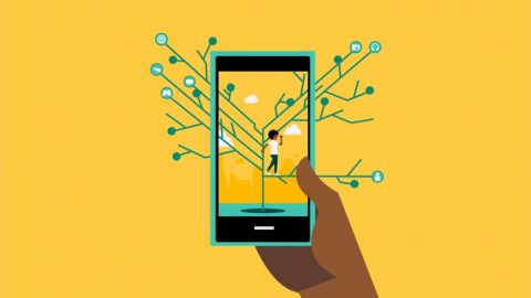 An illustration of a phone with tree branches growing out of it to illustrate social networks