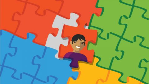 Face on a puzzle piece moving into place