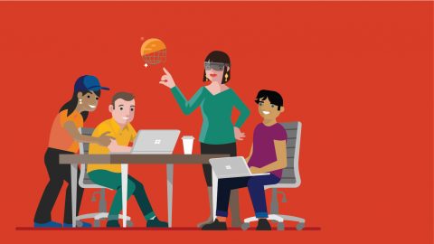 Illustration of interns around a computer