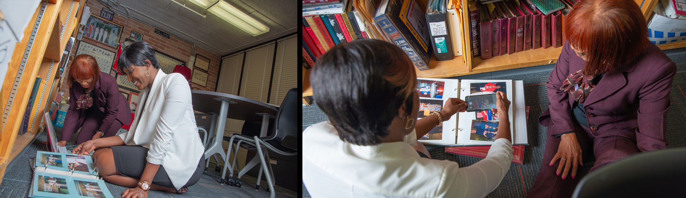 A photo of India Powell taking a picture of a yearbook page, while sitting with Ms. Northern at Raines High School.