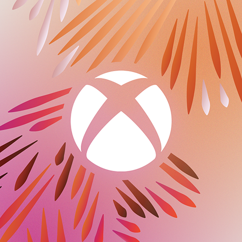 a white Xbox nexus on an orange and pink background with abstract rays of red, pink, orange, and white around it