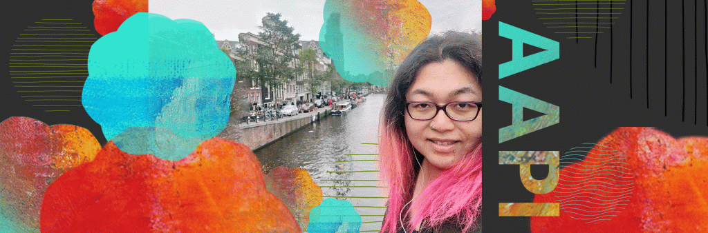 A woman with pink hair and glasses standing in front of a river. Text to the side reads "AAPI"