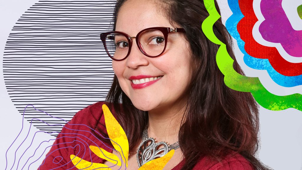 Sandra smiling and wearing a red blouse and glasses., with colorful campaign overlay on top.