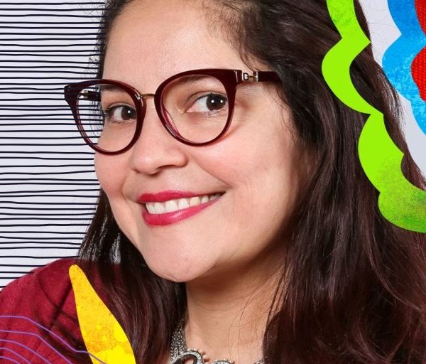 Sandra wearing a red blouse and glasses., with colorful campaign overlay on top.