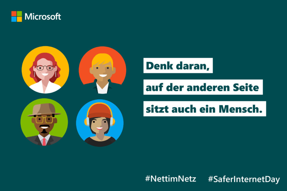 Grafik zum #SaferInternetDay und #NettimNetz, "Denk daran, auf der anderen Seite sitzt auch ein Mensch"