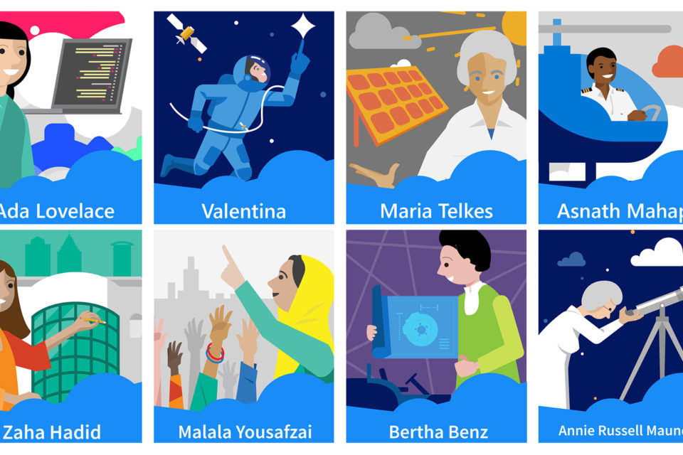 Zu sehen sind acht weibliche Pioniere aus dem MINT-Bereich: Darunter die Architektin Zaha Hadid, Bertha Benz und Ada Lovelace.