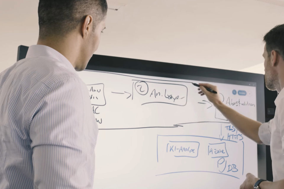 Bild zweier Männer vor einem Whiteboard, die den Prozess der automatischen Bilderkennung aufzeichnen