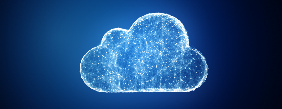 Bild zeigt eine abstrahierte, vernetzte digitale Wolke vor dunklem Hintergrund