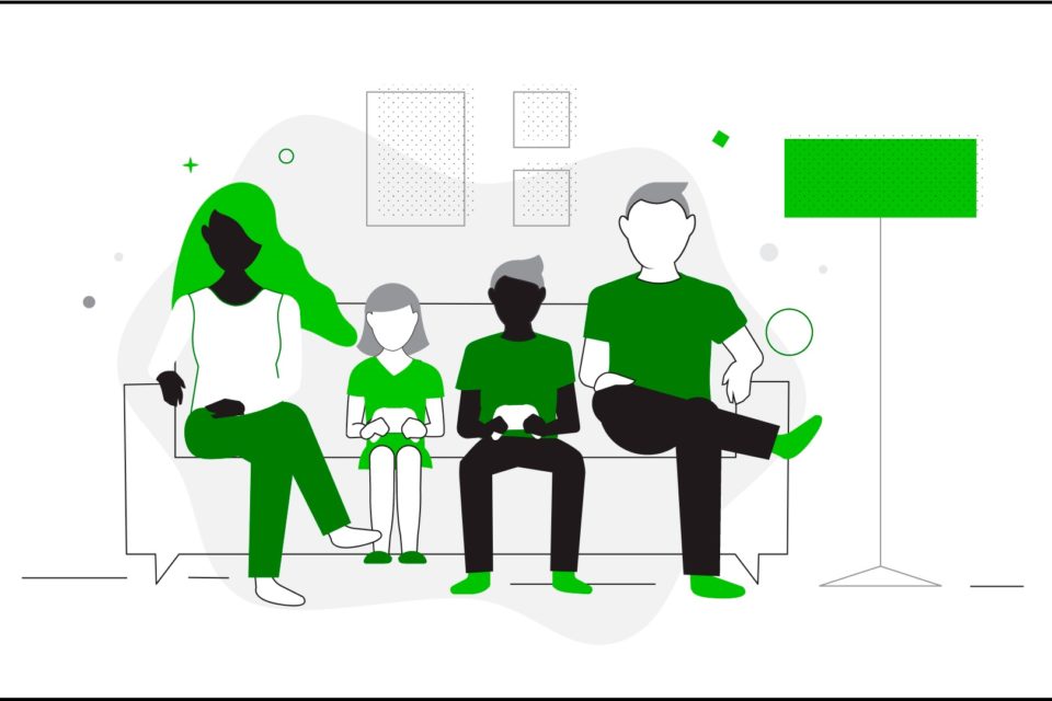 Grafik einer Familie die zusammen Videospiele spielt