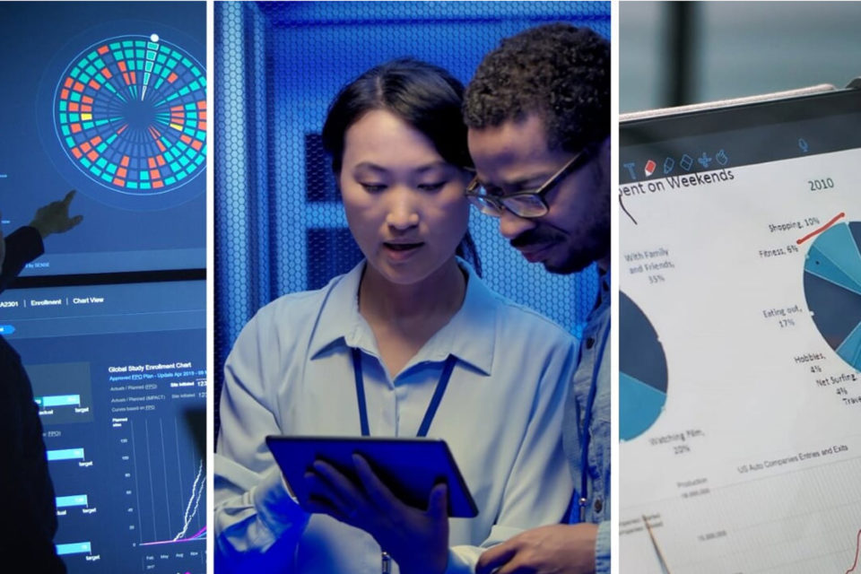 People looking on different data sets on screens.