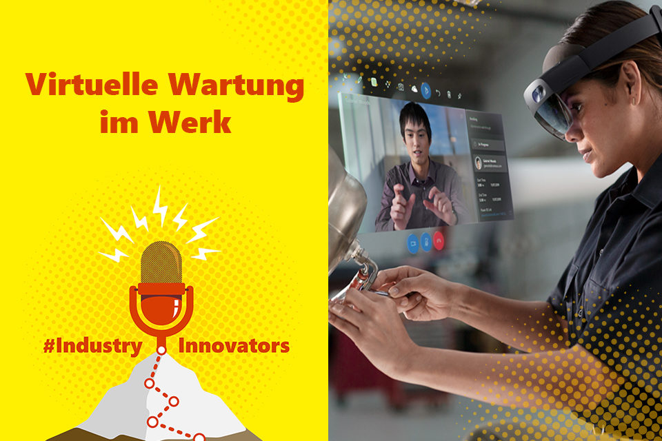 Produktionsmitarbeiterin repariert eine Maschine mit Microsoft HoloLens und Remote Assist