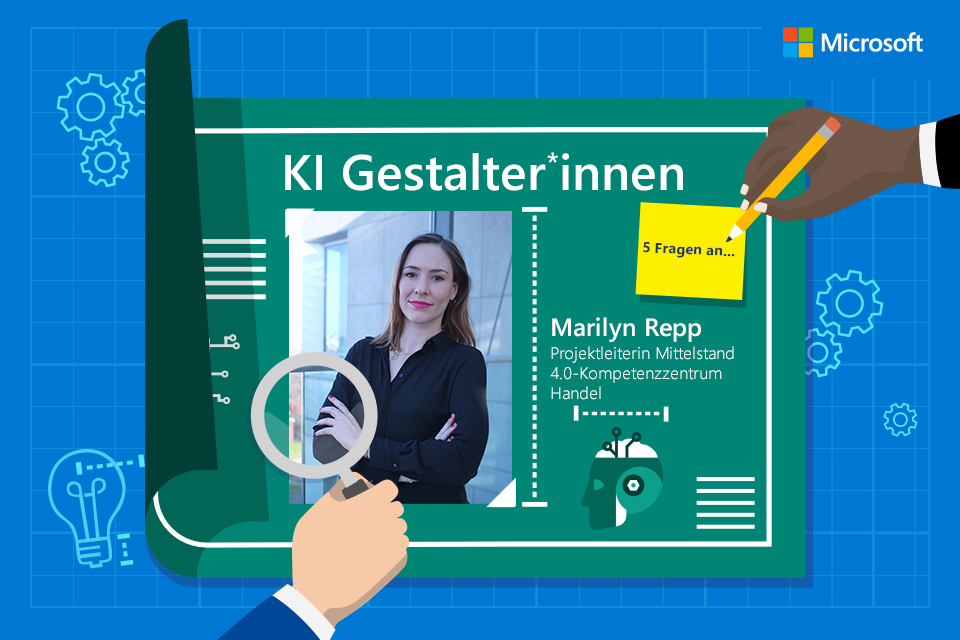 Ein Bild von Marilyn Repp, Projektleiterin Mittelstand 4.0-Kompetenzzentrum Handel auf einer gezeichneten Bastelunterlage.