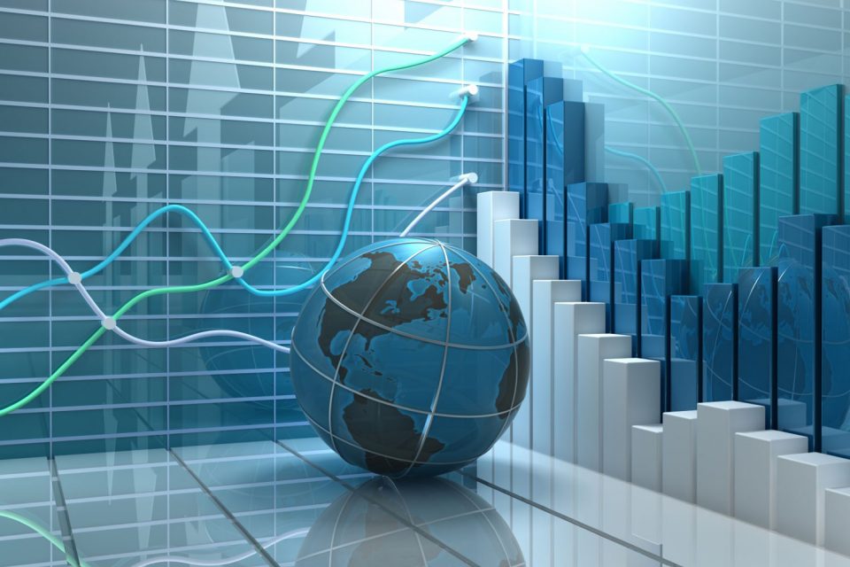 Weltkugel vor einem Stabdiagramm Grafik Financial Services