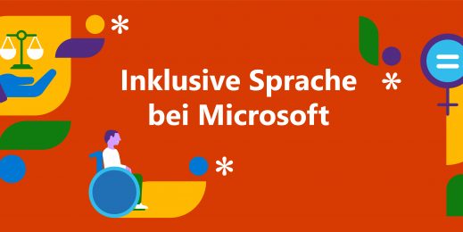 Grafik in orange mit bunten Formen und den Worten "Inklusive Sprache bei Microsoft"