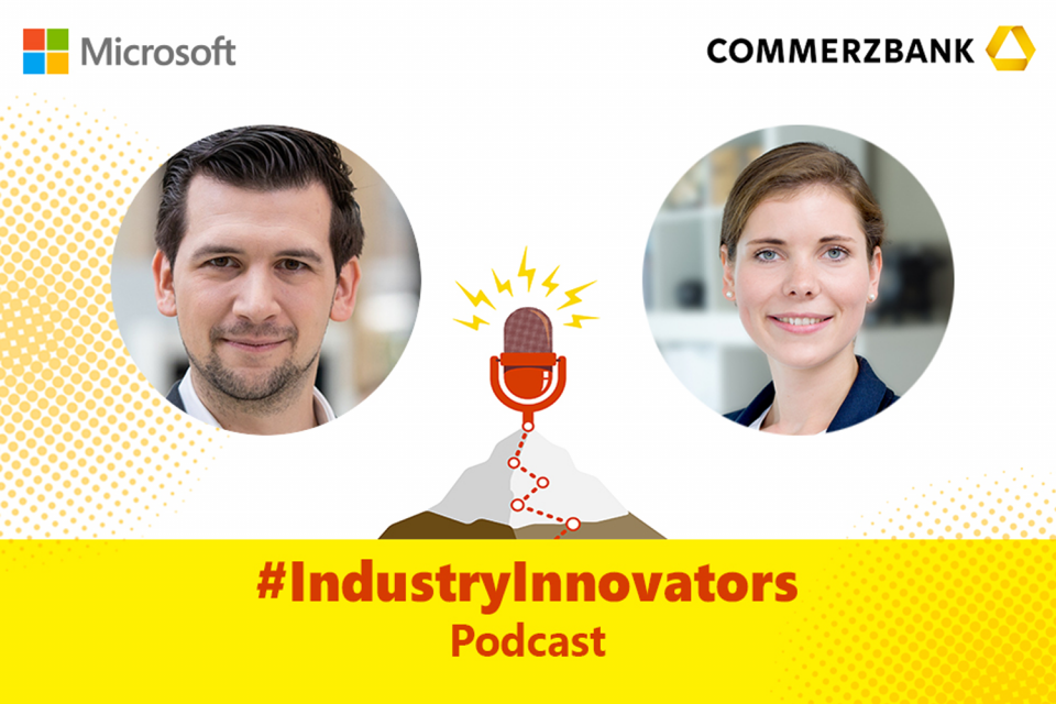Fotos der Podcast-Gäste Jessica Thomas und Alex Flade, darunter die Schrift #IndustryInnovators Podcast