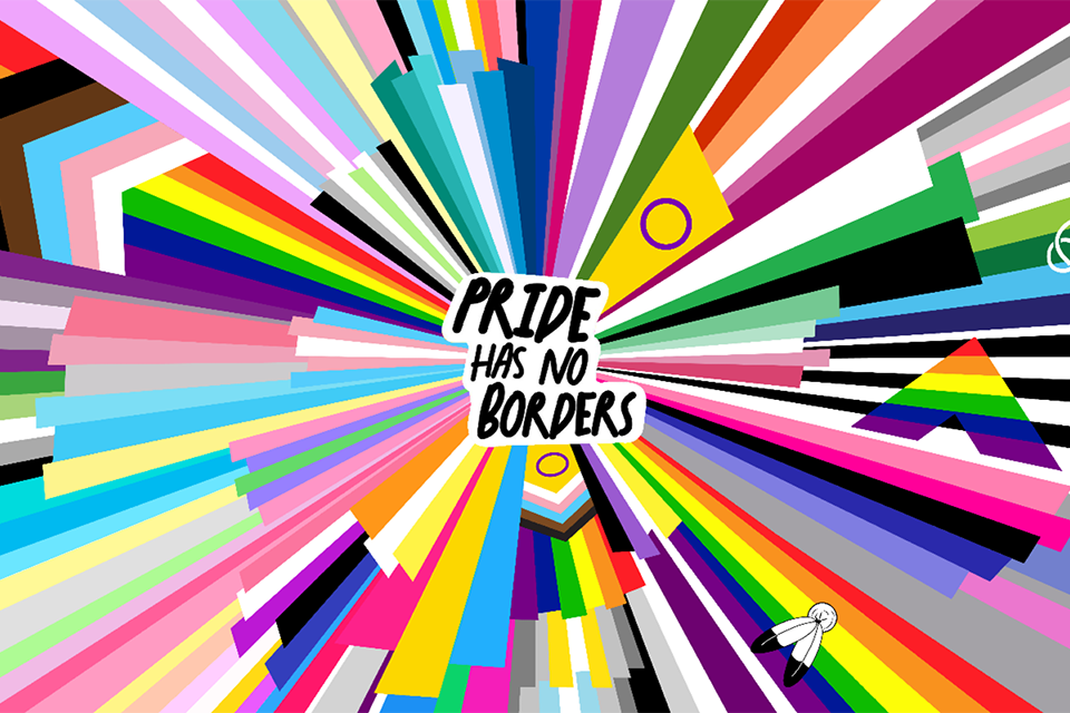 Farbenfroher Hintergrund mit dem Schriftzug: Pride has no boarders