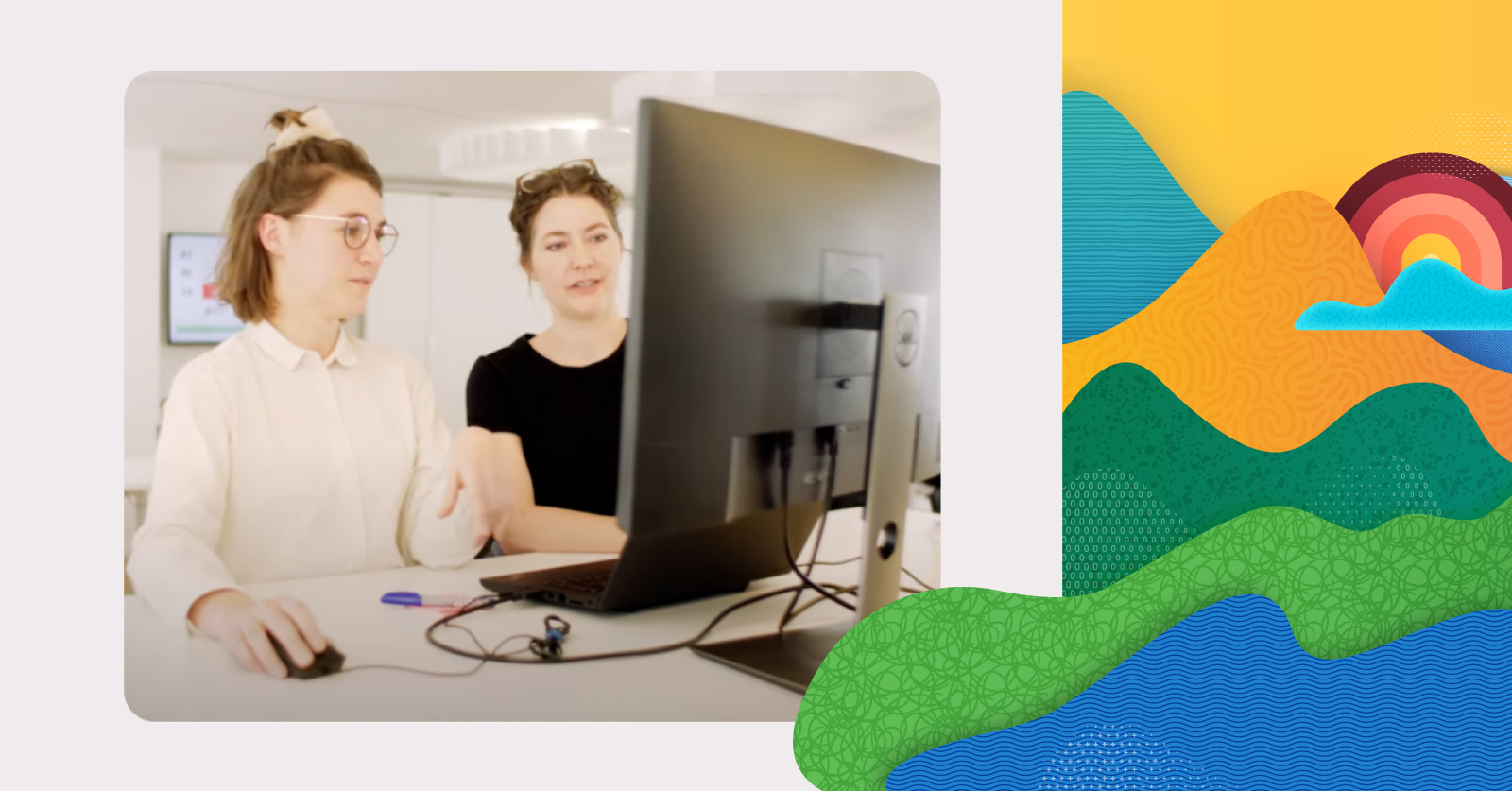 Auf der linken Seite ist ein Bild von zwei Personen, die am Computer arbeiten. Auf der rechten Seite sind Natur-Illustrationen in gelb, grün und blau zu sehen.