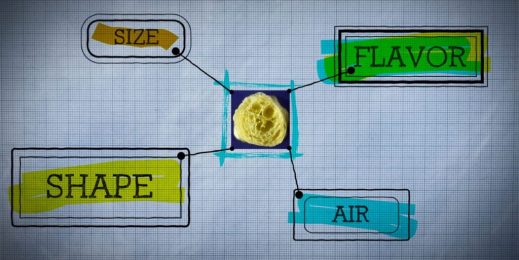 Un corte transversal de un bocadillo de Cheetos con las palabras tamaño, sabor, forma y aire