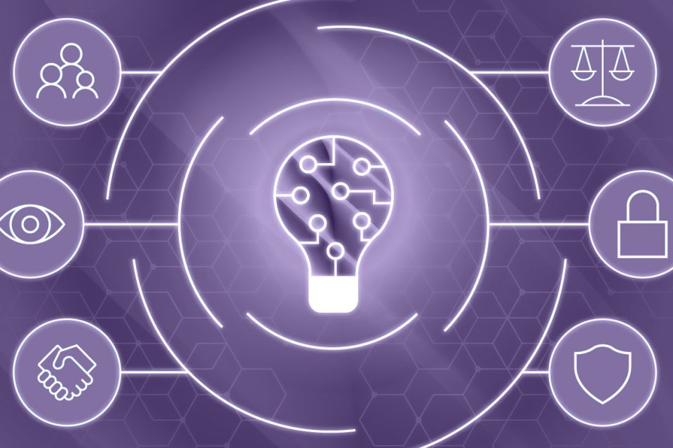 ilustración de una forma de bombilla con diferentes iconos que la rodean sobre un fondo morado