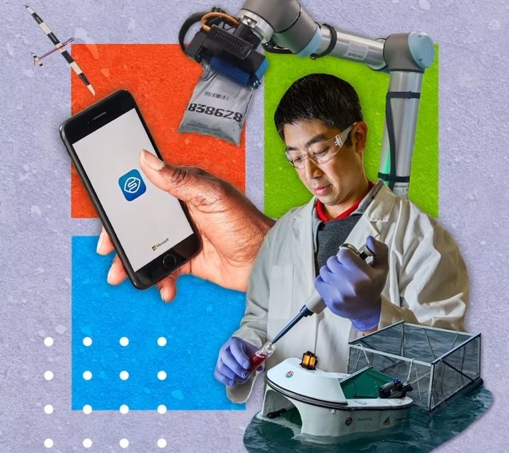 Una colección de imágenes relacionadas con Inteligencia Artificial con el logo de Microsoft en el fondo