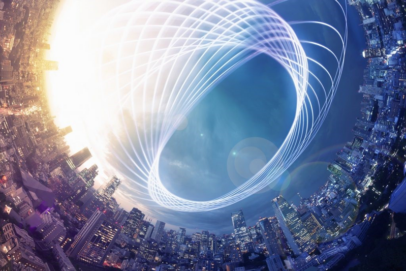 Una imagen de una vista de pecera del horizonte de una ciudad con un diseño geométrico sobre los edificios, que representa la IA de ChatGPT