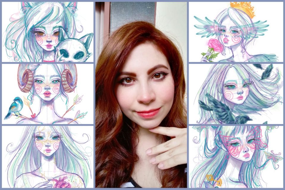 Collage de ilustraciones digitales con una imagen de una mujer en el centro