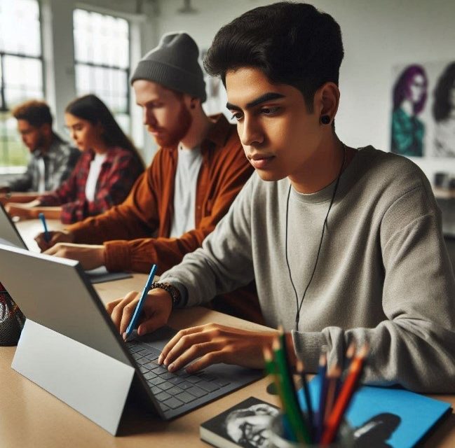 Imagen generada con Microsoft Copilot de unos jóvenes en el aula con dispositivos Microsoft Surface