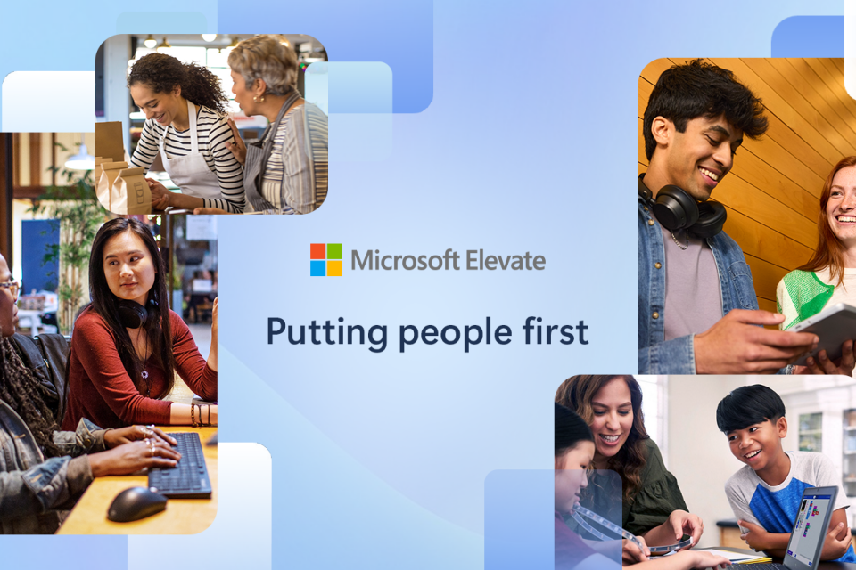Gráfico para Microsoft Elevate con el lema: "Poner a las personas en primer lugar", que presenta grupos diversos de personas colaborando en distintos entornos laborales. El diseño incluye pequeños cuadrados con degradados de color sutilmente integrados en la composición como acentos visuales.
