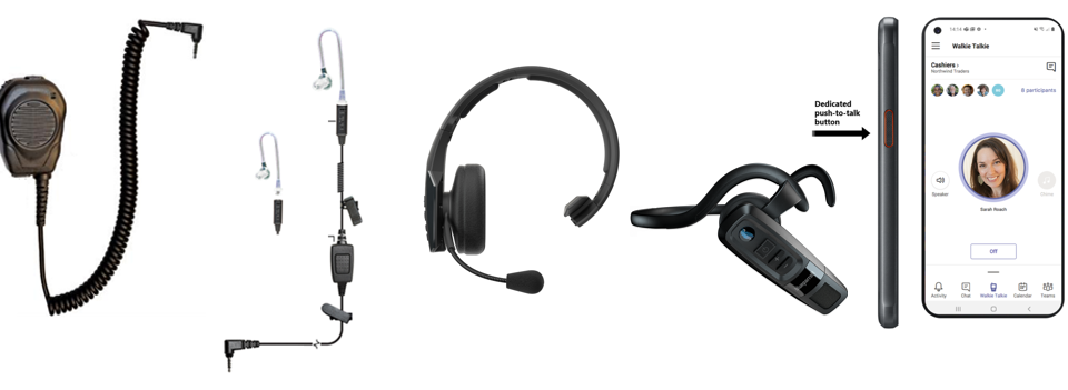 Dispositivos da esquerda para a direita Klein Valor, Klein Triumph, BlueParrott B450-XT MS, BlueParrott C300-XT MS, Samsung XCover Pro