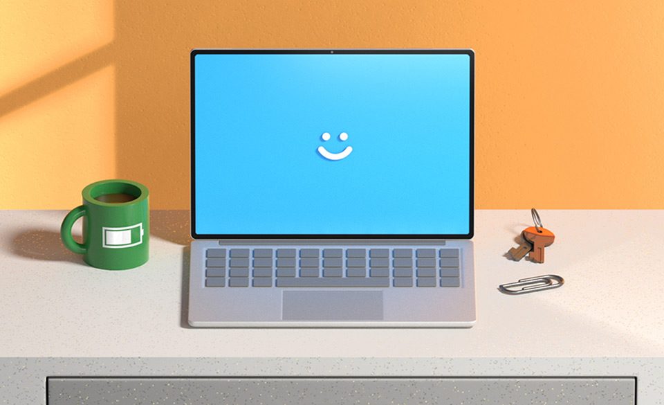 ilustração com note tela azul e sorriso
