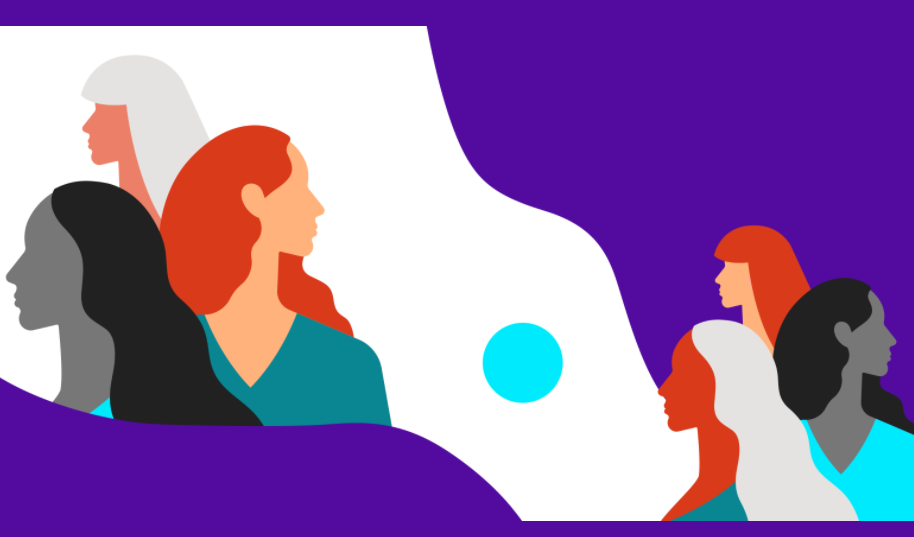 ilustração fundo roxo com desenhos de várias mulheres