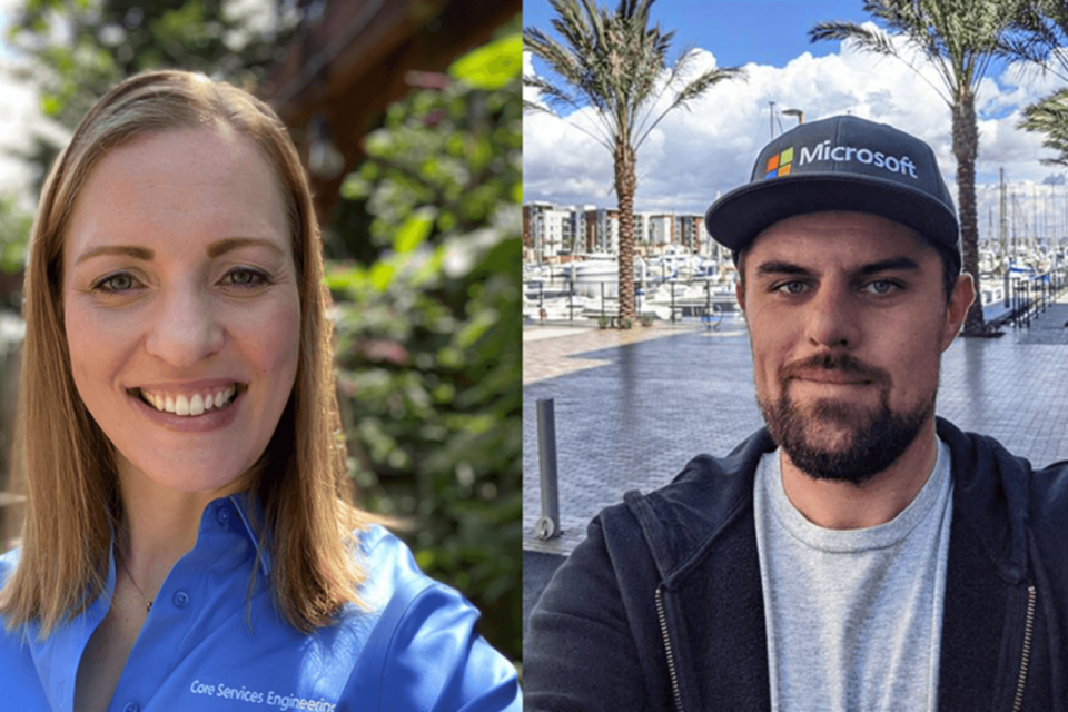 montagem de um lado uma mulher de cabelo curto sorrindo e do outro, um homem de barba e boné sorrindo