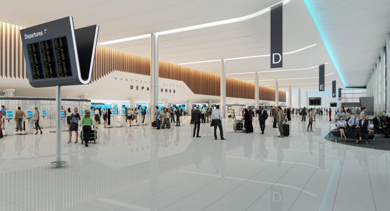 área interna de um aerporto com várias pessoas