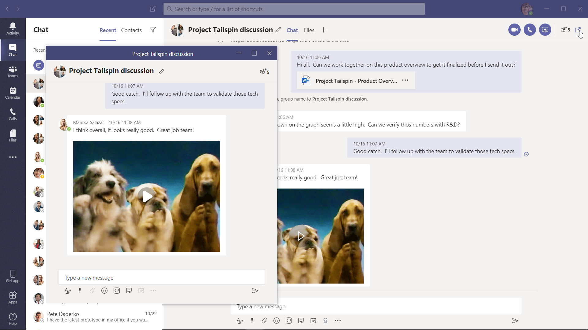 example of a pop out chat in teams