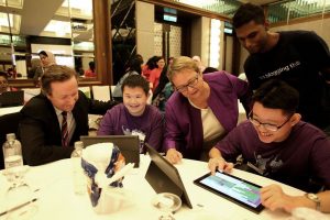 Mr. Nicolas Pron, Director, Secretary of the Executive Board, UNICEF & Ms. Wivina Belmonte, UNICEF Representative, Malaysia – being tutored by WeSpeakCode: Code for Malaysia participants on how to code!