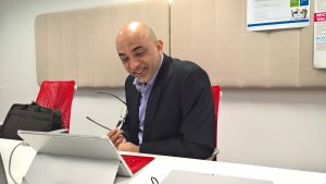 K. Raman speaking to students from Indonesia during the Mystery Skype Challenge