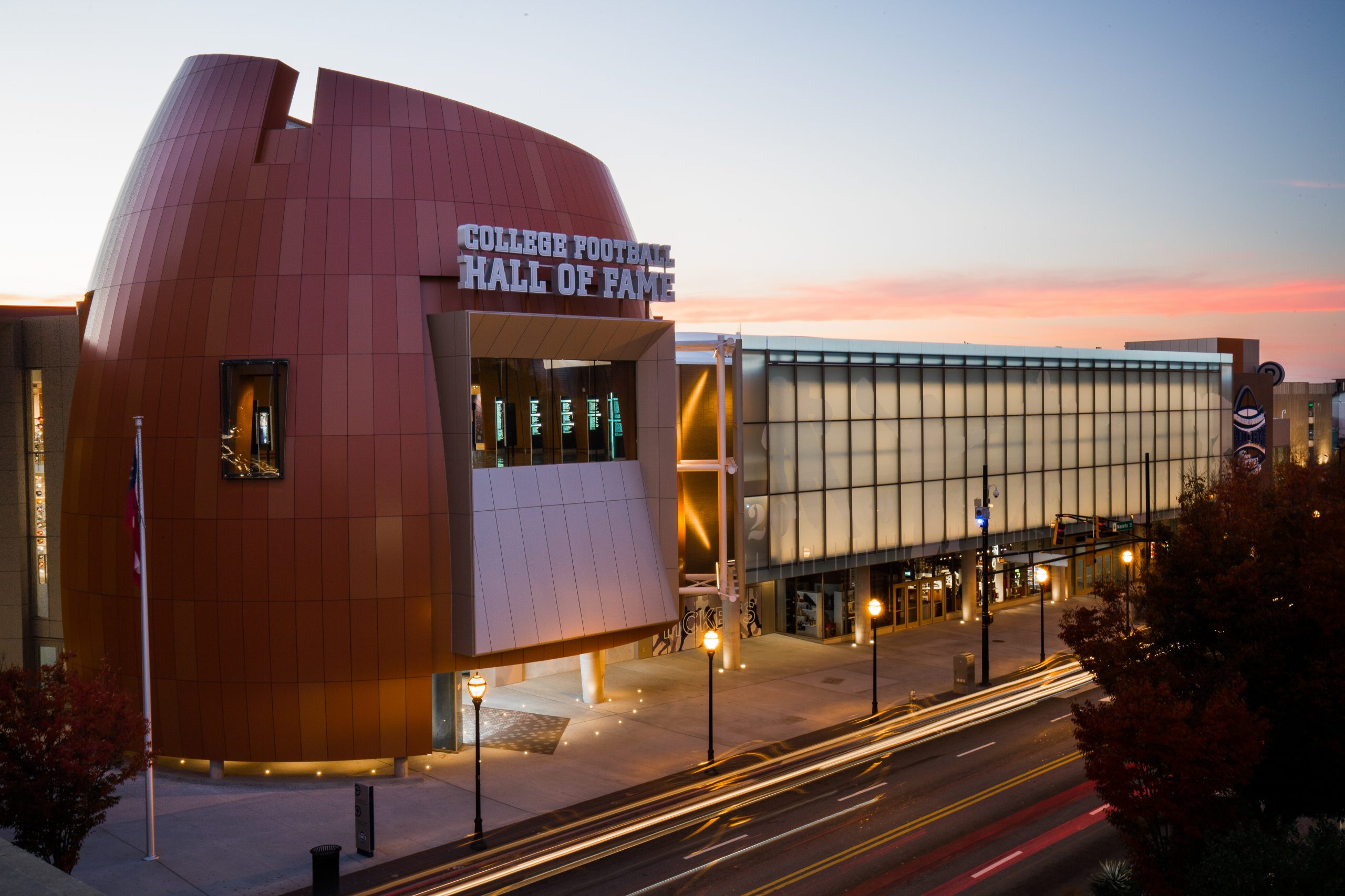 College football hall of fame building at dusk