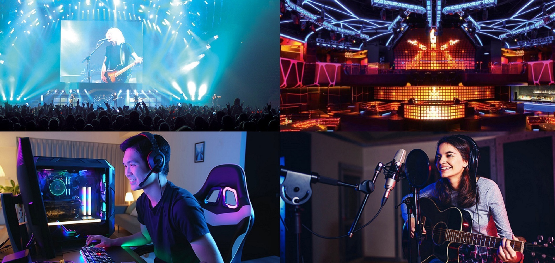 people playing instrument, and a person gaming on a computer