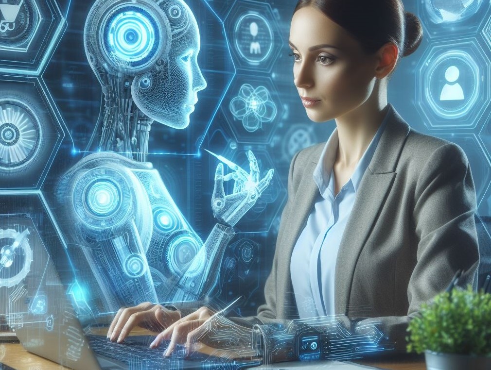 Tekoälyllä tehty kuva naisesta, joka kirjoittaa tietokoneella. Taustalla robotin kuva.