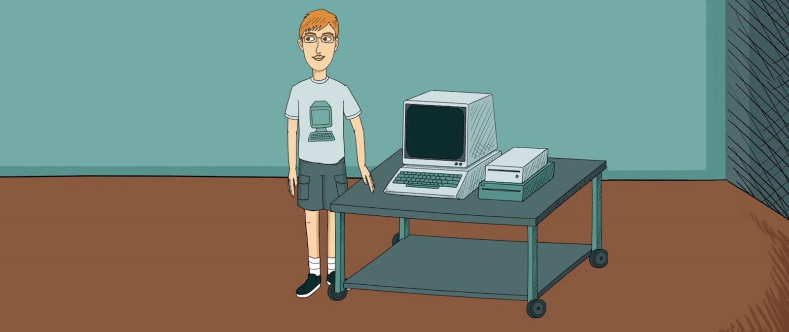 An animated image of a boy standing next to his computer