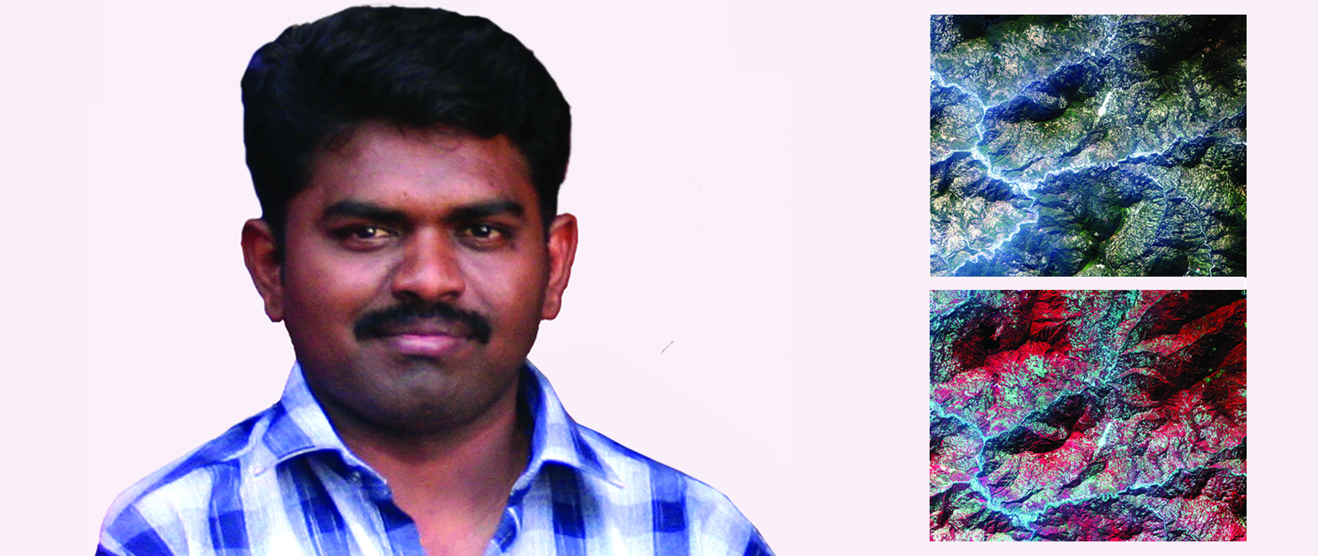 A photo of Dr Muneeswaran along with map imagery of northeast India's terrain