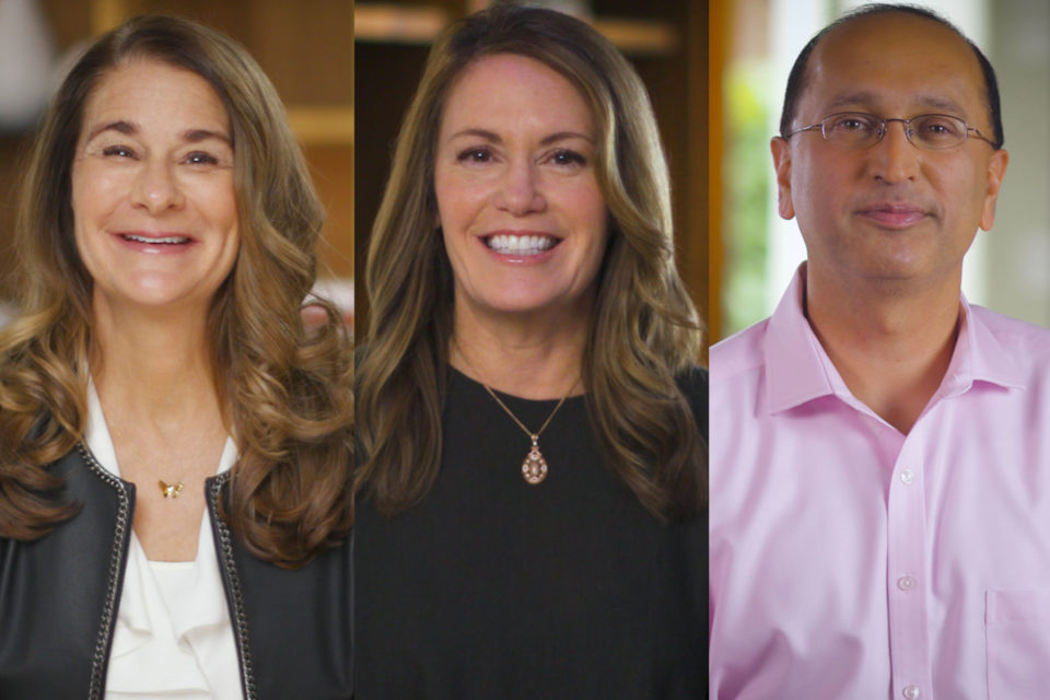 Melinda Gates, Peggy Johnson and Navin Chadda smiling at the camera