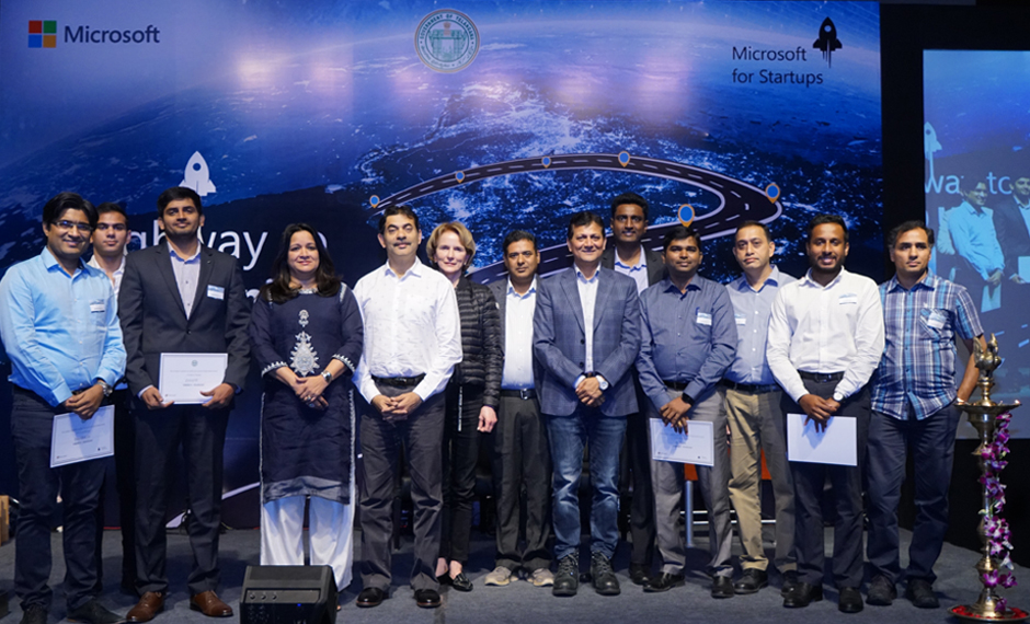 Telangana Emerge X Winners smile at the camera, along with Lathika Pai, Jayesh Ranjan, Gayle Sheppard and Rajiv Kumar.