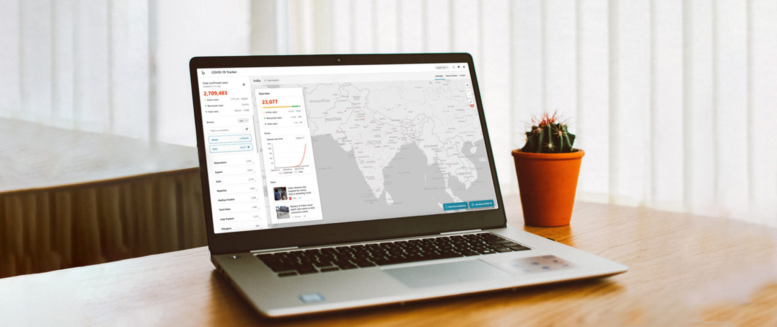 Screen displaying a Bing covid tracker in India