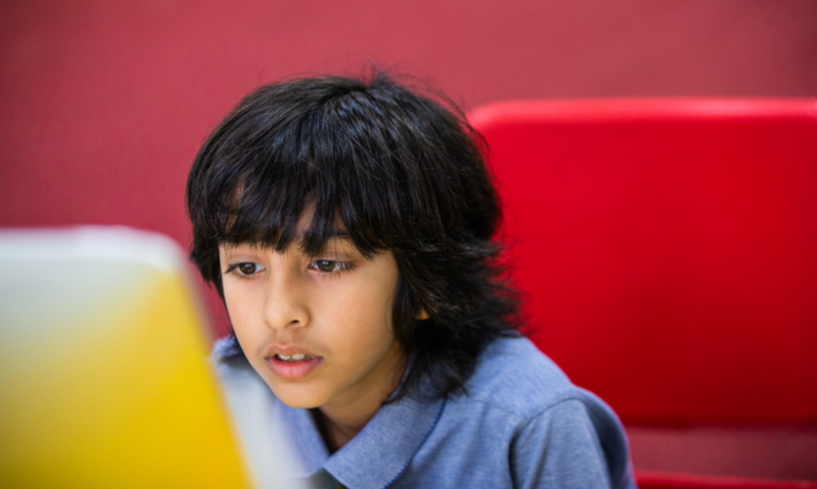 A child looking at the computer screen