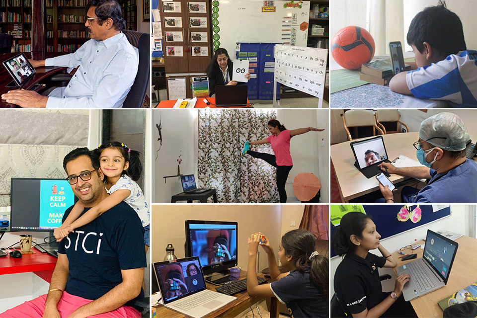 A collage depicting people working from home, teaching online classes and taking care of patients virtually.