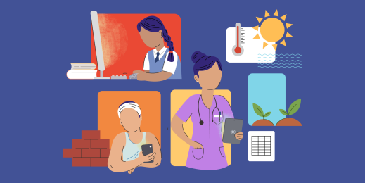 an illustration of a girl student, a male construction worker, a female nurse, weather and agriculture